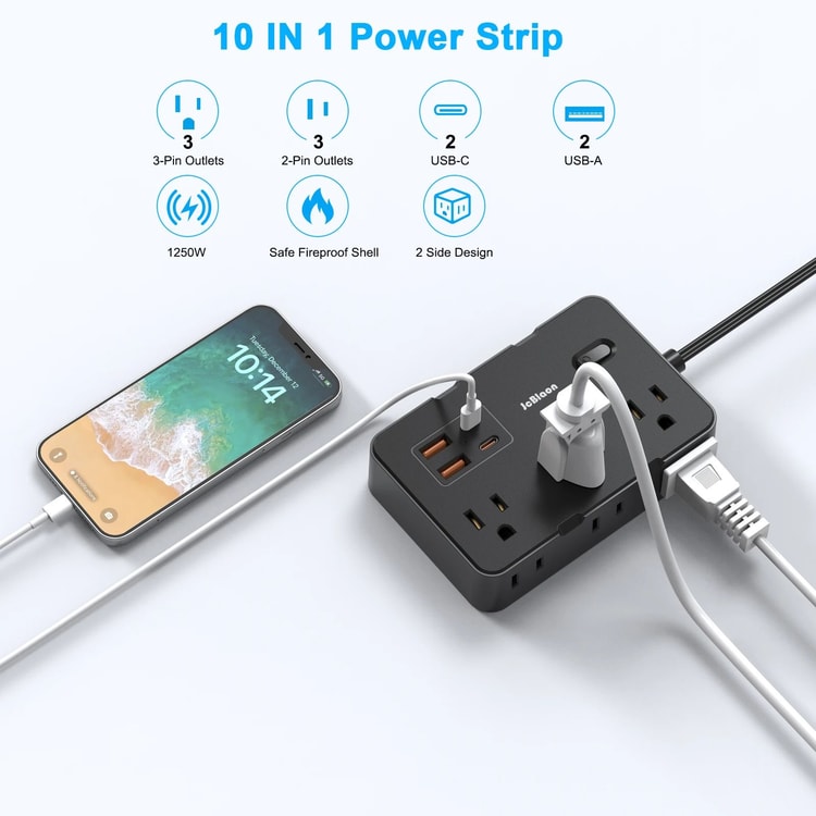 Surge Protector Power Strip with 6 Widely Spaced Outlets & 4 USB Ports Thin Flat Plug Extension Cord for Home, Office