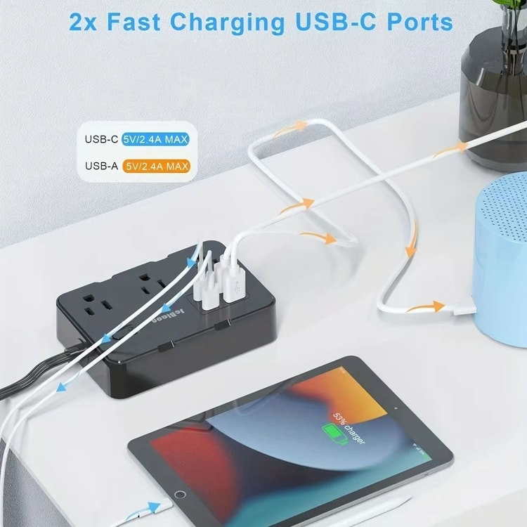 Surge Protector Power Strip with 6 Widely Spaced Outlets & 4 USB Ports Thin Flat Plug Extension Cord for Home, Office