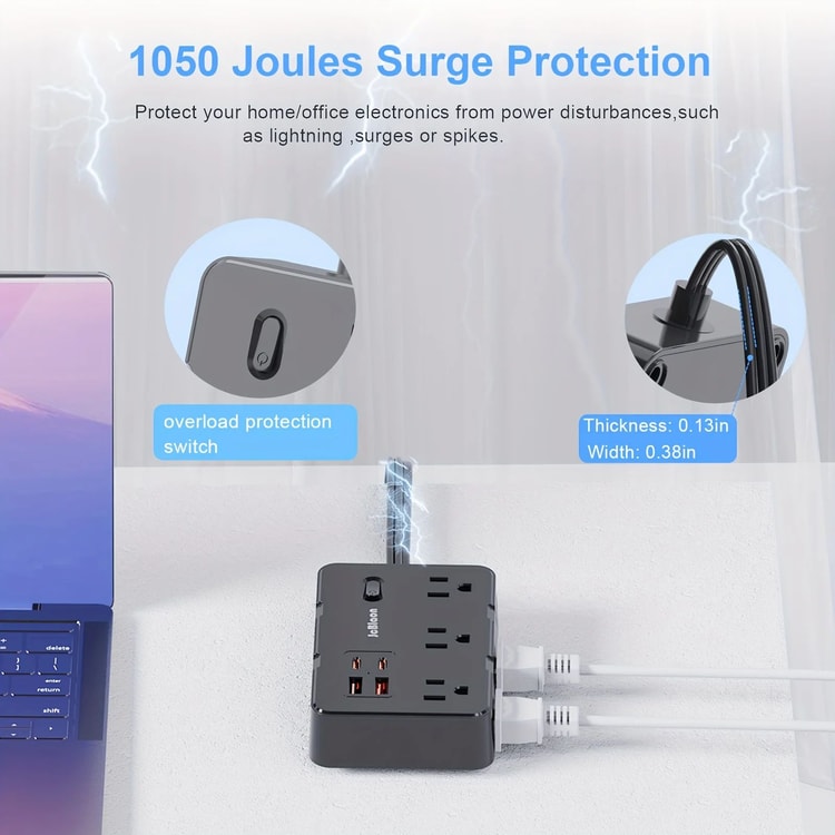 Surge Protector Power Strip with 6 Widely Spaced Outlets & 4 USB Ports Thin Flat Plug Extension Cord for Home, Office